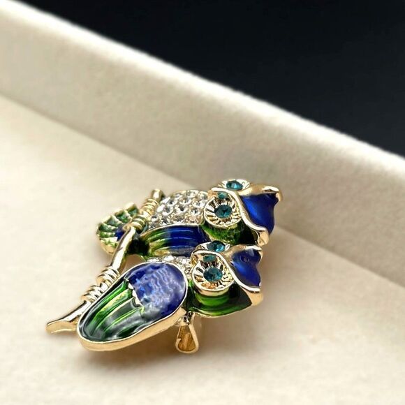 Yellow Gold with Aquamarine and Diamond Crystal Enamel Owl Pin Back Brooch - Picture 6 of 7